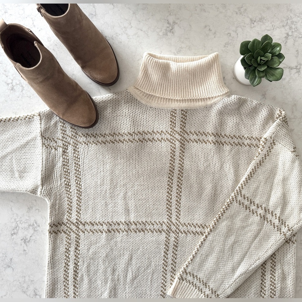 NWT | JODIFL | Grid Print Turtleneck Sweater | Cream & Taupe | Medium